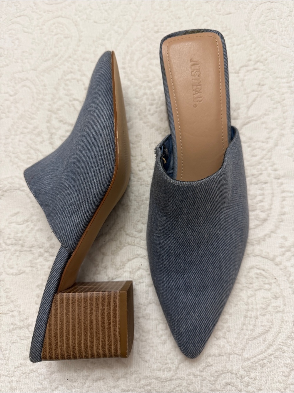 JustFab Pointed Toe Block Heel Mules in Blue Denim US 8.5